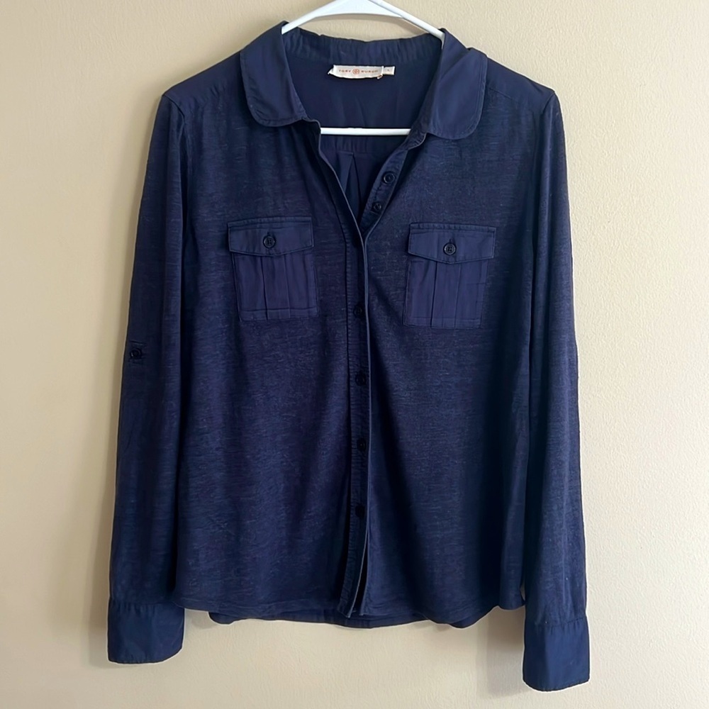 Tory Burch Two Pocket Navy Linen Cotton Button Down Shirt